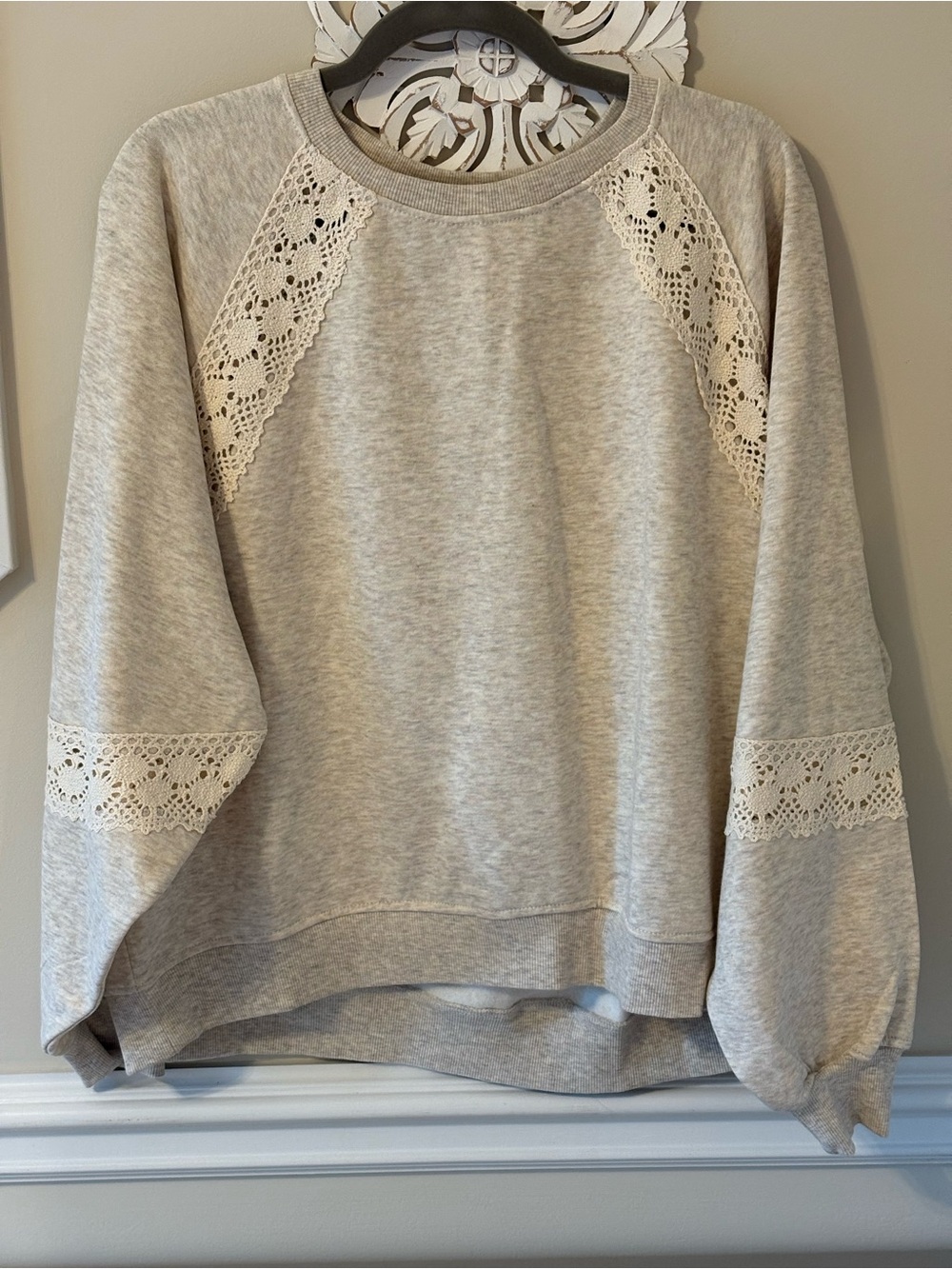 Light Gray Lace-Trim Crewneck Pullover Sweater